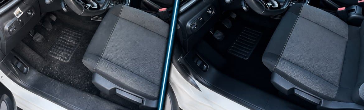 Plancher et siège conducteur d'une Citroën C3 : à gauche avant intervention, à droite après nettoyage à domicile par CleanMyCar